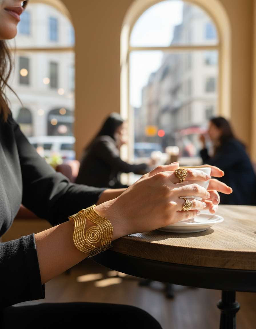 Suryarekha Gold Spiral Cuff Handcrafted Wave Textured Adjustable Bracelet | statement cuff | NIVRTTI
