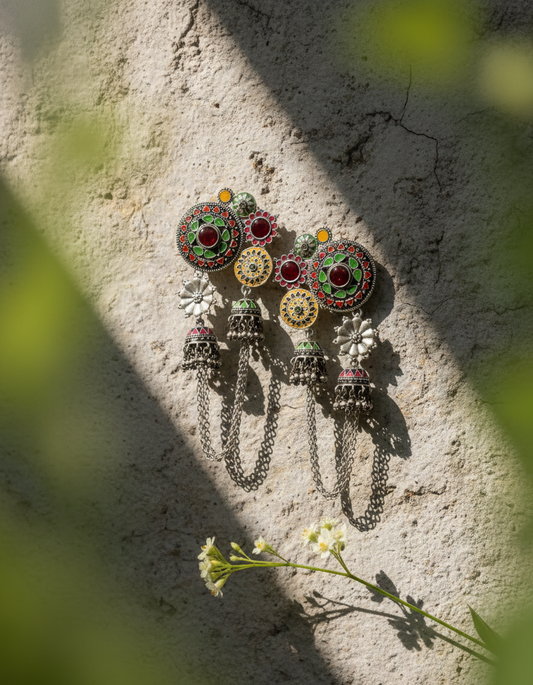Raagmala Dual Jhumka Chain Earrings Multicolor Oxidised Silver Statement Earrings | traditional jhumka | NIVRTTI