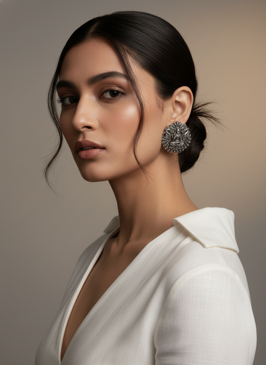 Divya Lakshmi Oxidised Silver Studs Temple Goddess Earrings for Women | handcrafted stud earrings | NIVRTTI