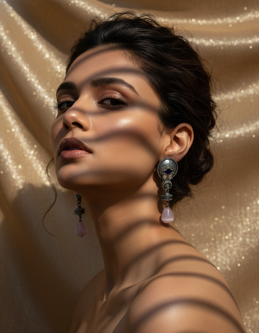 Triveni Silver Drop Earrings Handcrafted Oxidised Gemstone Danglers | long drop earrings | NIVRTTI