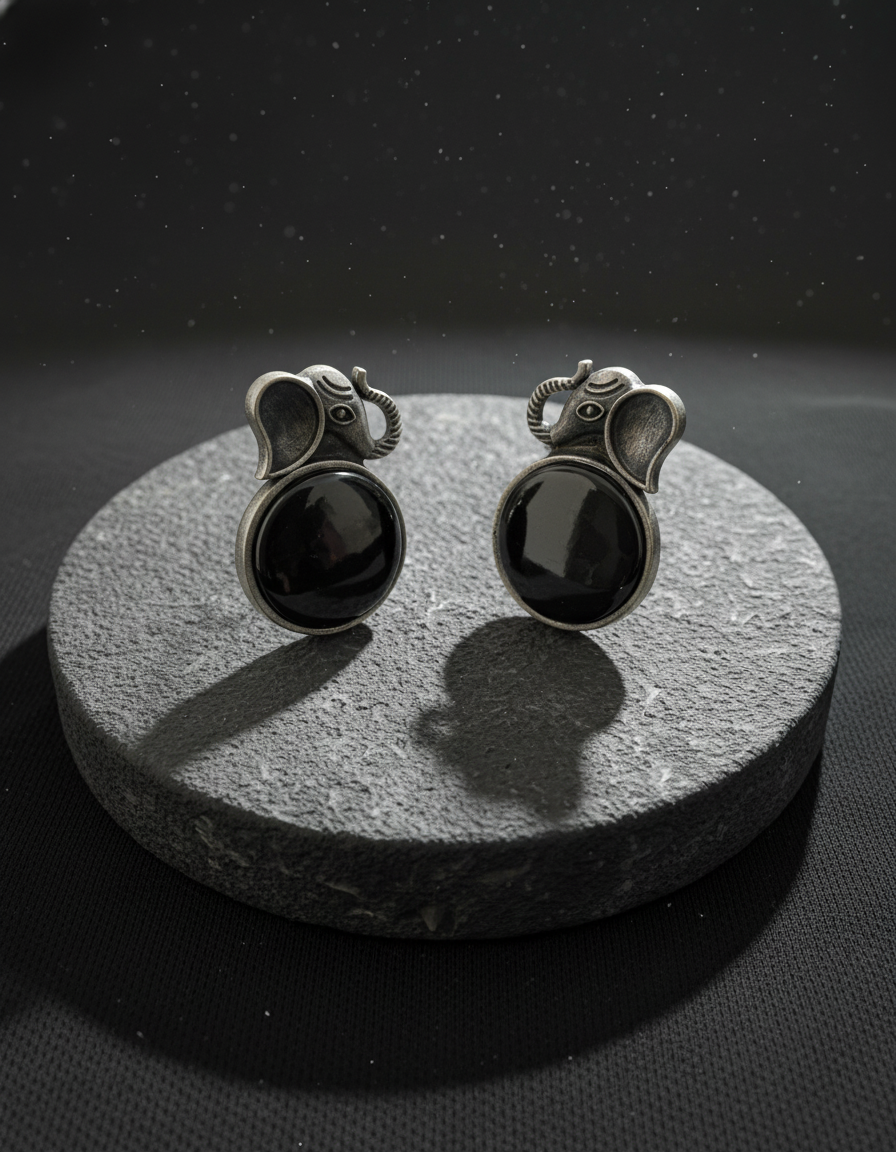 Gajamukta Noir Studs Oxidised Elephant Totem Edition | handcrafted earrings for women | NIVRTTI