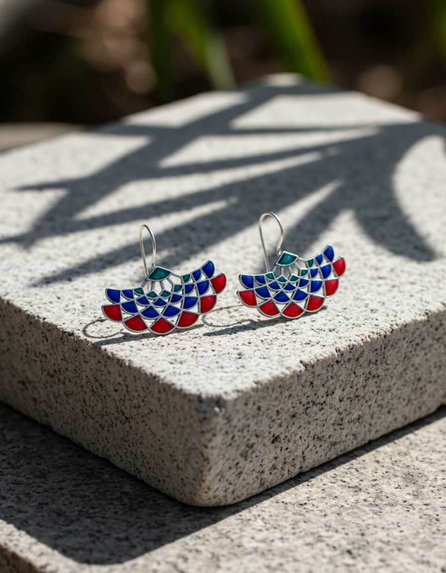 Mayura Mandala Earrings Enamel Oxidised Silver Peacock Drops | long drop earrings | NIVRTTI