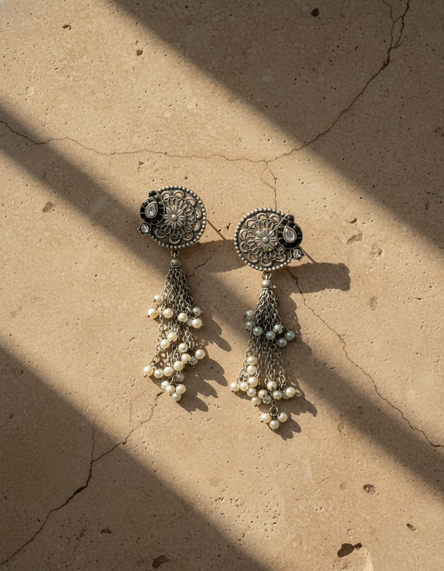 Samira Aqua Tassel Earrings Oxidised Silver Pearl Chain Drops | long drop earrings | NIVRTTI