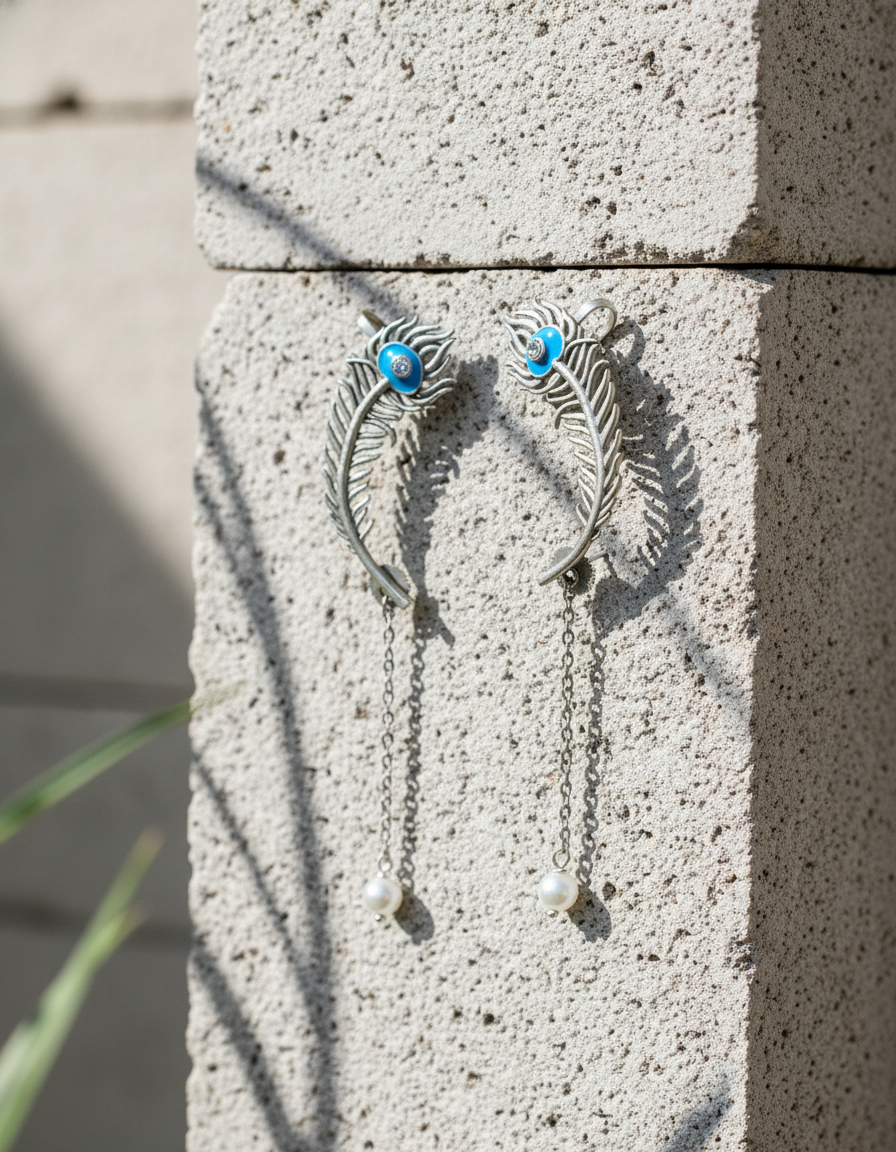 Nayan Feather Drop Earrings Krishna Oxidised Silver Dangler | long drop earrings | NIVRTTI