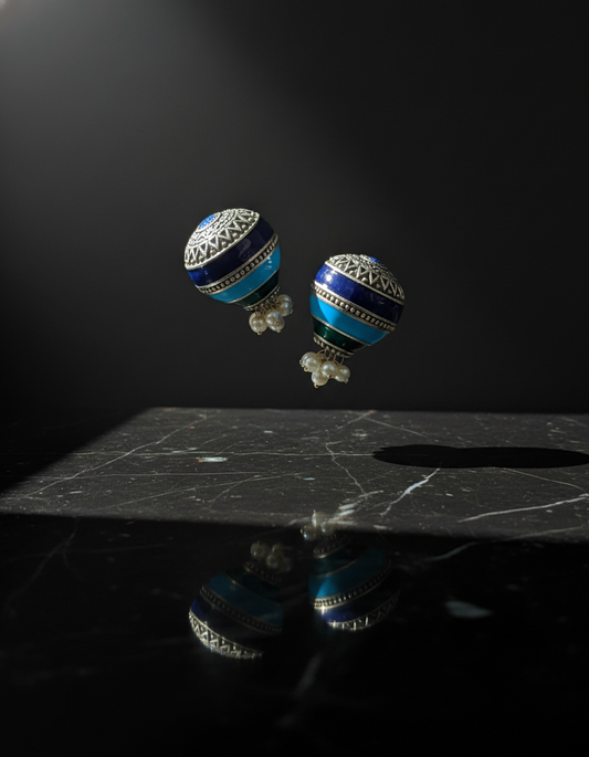 Neelakshi Blue Dome Jhumka Oxidised Silver & Pearl Enamel Studs | handcrafted earrings for women | NIVRTTI