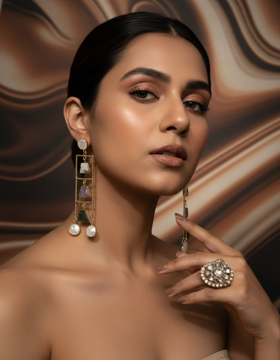 Geometric Ladder Statement Earrings with Natural Stones