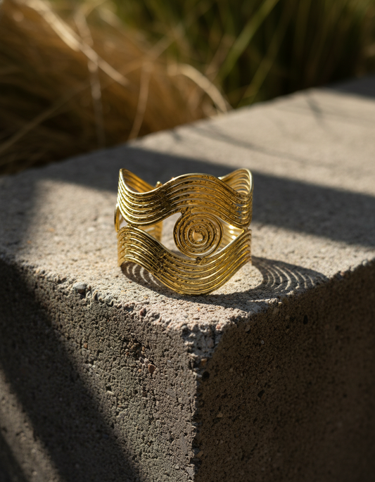 gold cuff - Suryarekha Gold Spiral Cuff Handcrafted Wave Textured Adjustable Bracelet - NIVRTTI hand