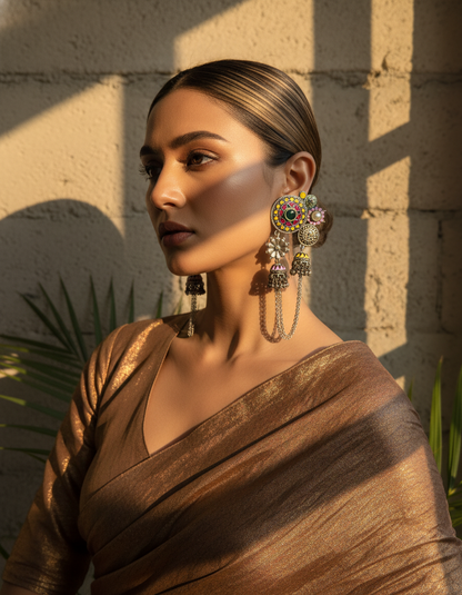 Raagmala Dual Jhumka Chain Earrings Multicolor Oxidised Silver Statement Earrings | traditional jhumka | NIVRTTI
