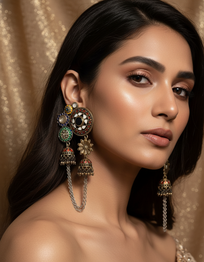 Raagmala Dual Jhumka Chain Earrings Multicolor Oxidised Silver Statement Earrings | traditional jhumka | NIVRTTI