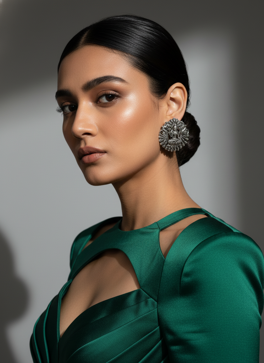 Divya Lakshmi Oxidised Silver Studs Temple Goddess Earrings for Women | handcrafted stud earrings | NIVRTTI