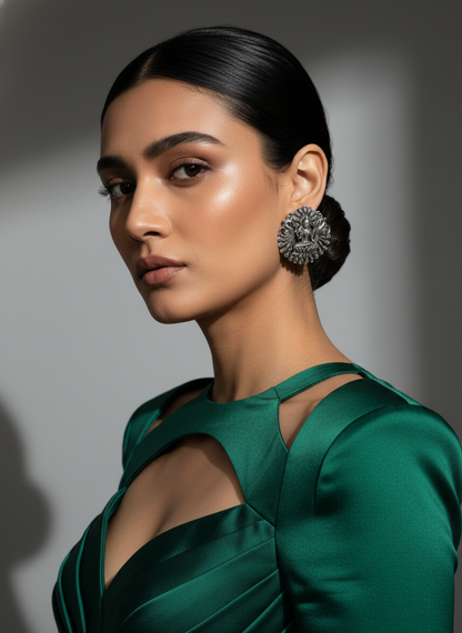 Divya Lakshmi Oxidised Silver Studs Temple Goddess Earrings for Women | handcrafted stud earrings | NIVRTTI