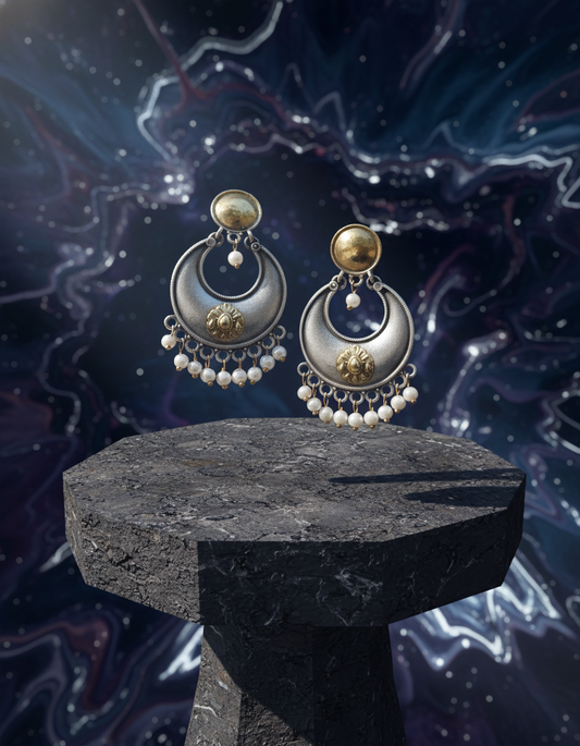 Golden Crescent Oxidised Pearl Earrings Handcrafted Dual Tone Ethnic Jewelry | handcrafted earrings for women | NIVRTTI