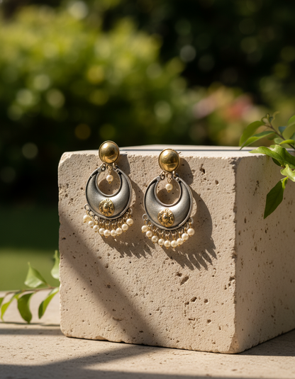 oxidised silver earring - Golden Crescent Oxidised Pearl Earrings Handcrafted Dual Tone Ethnic Jewel