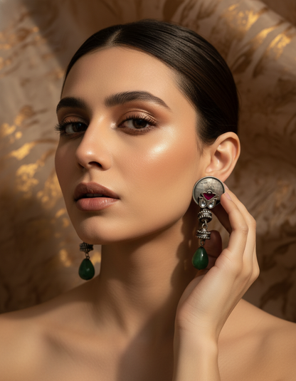 Triveni Silver Drop Earrings Handcrafted Oxidised Gemstone Danglers | long drop earrings | NIVRTTI