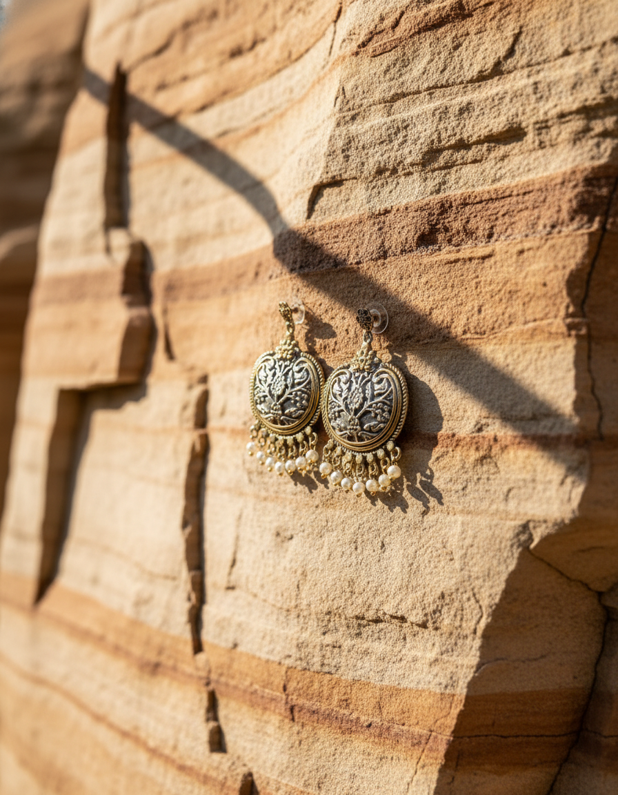 Kashmira Floral Dual Tone Earrings Oxidised Brass Pearl Drop Jewelry | long drop earrings | NIVRTTI