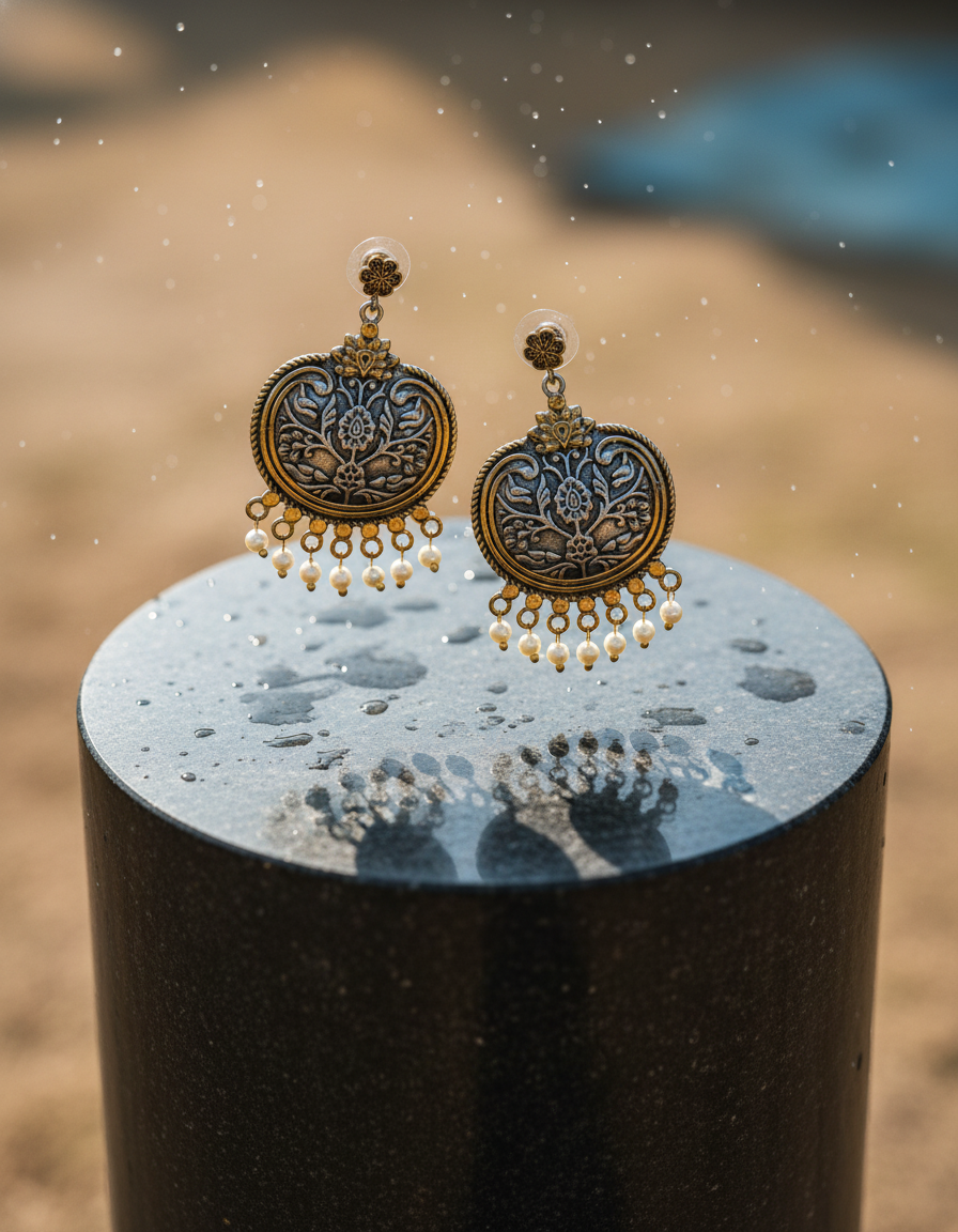 oxidised silver dangler - Kashmira Floral Dual Tone Earrings Oxidised Brass Pearl Drop Jewelry - NIV