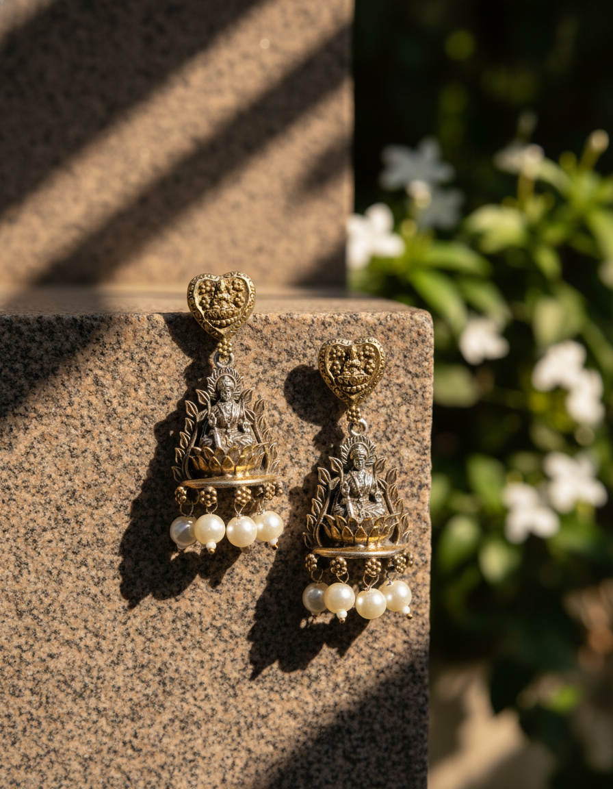oxidised silver dangler - Devi Lakshmi Dual Tone Temple Earrings Oxidised Brass Pearl Drop Jewelry -