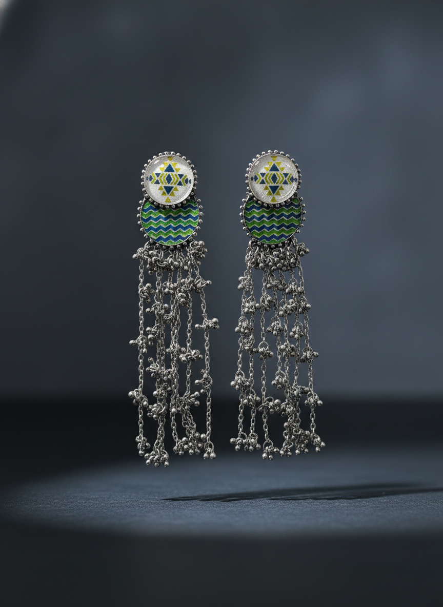 oxidised silver dangler - Tarak Chain Dangler Earrings Geometric Blue Enamel Oxidised Silver Earring