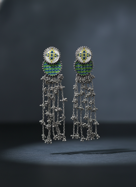 oxidised silver dangler - Tarak Chain Dangler Earrings Geometric Blue Enamel Oxidised Silver Earring