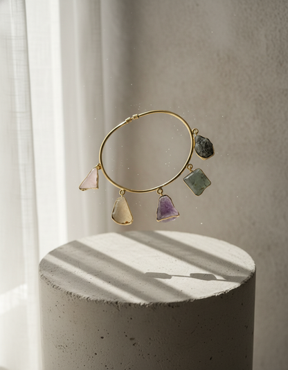 oxidised silver bracelet - Prithvi Raw Stone Gold Bracelet Handcrafted Natural Gemstone Bangle - NIV