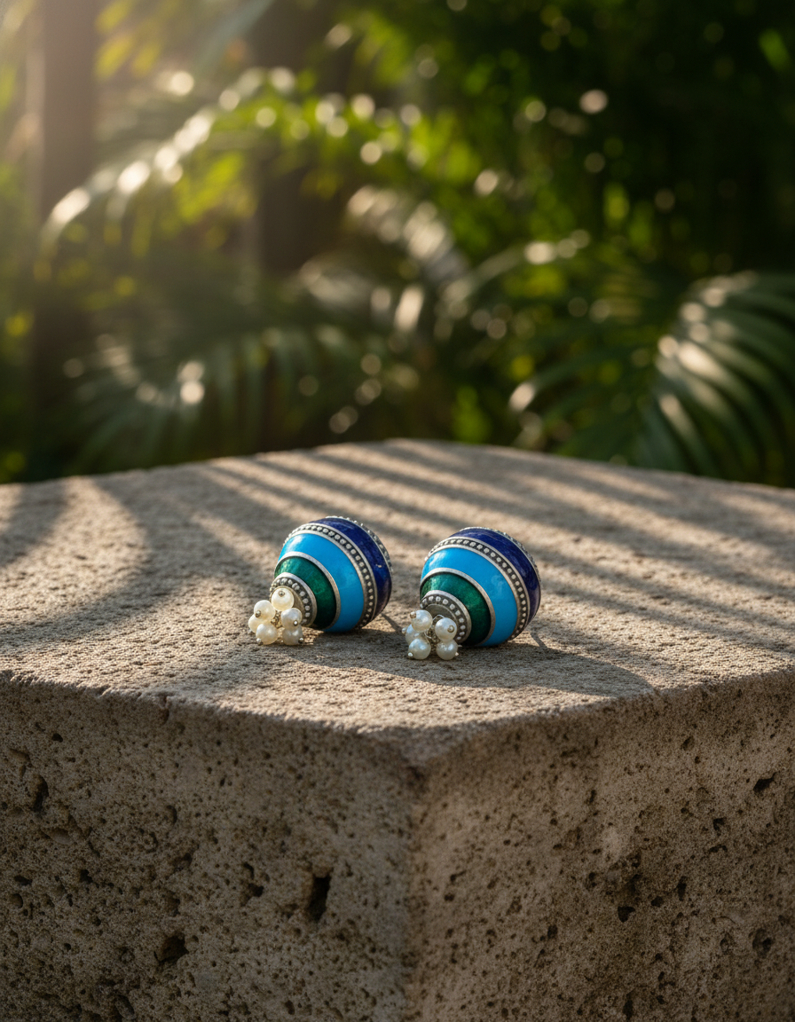 oxidised silver jhumka - Neelakshi Blue Dome Jhumka Oxidised Silver & Pearl Enamel Studs - NIVRTTI h