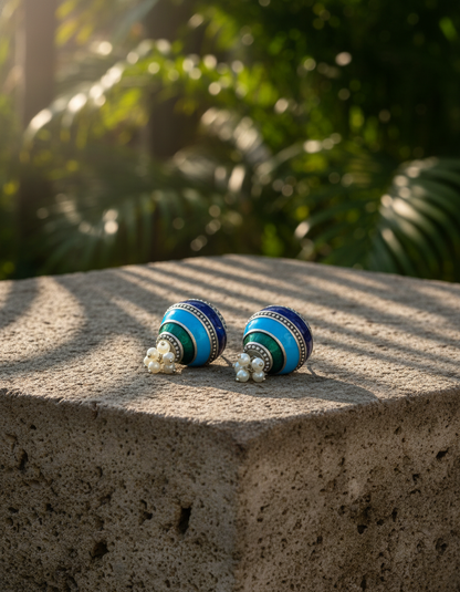oxidised silver jhumka - Neelakshi Blue Dome Jhumka Oxidised Silver & Pearl Enamel Studs - NIVRTTI h