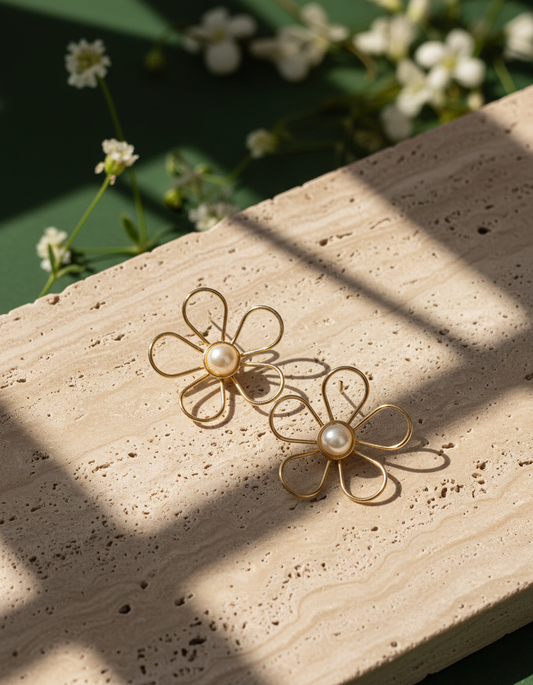 Minimal Floral Pearl Stud Earrings