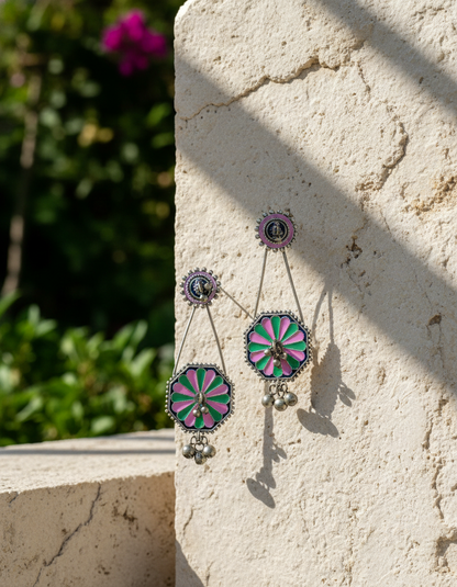 Kiyara Enamel Bloom Earrings Handpainted Oxidised Silver Danglers | long drop earrings | NIVRTTI
