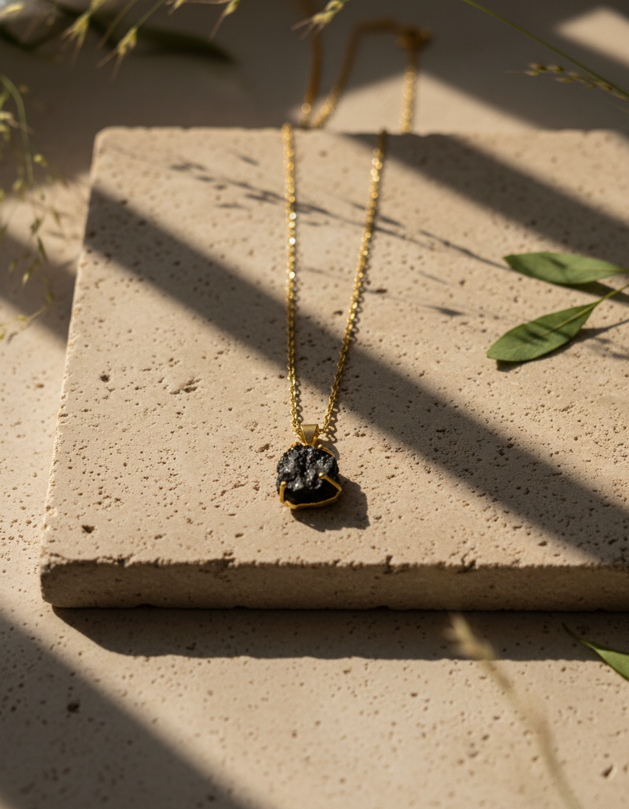 brass necklace - Shyama Raw Stone Pendant Necklace Black Lava Gold Chain Necklace - NIVRTTI handcraf
