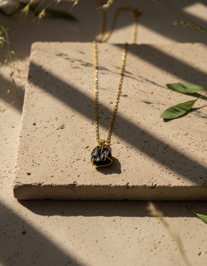 brass necklace - Shyama Raw Stone Pendant Necklace Black Lava Gold Chain Necklace - NIVRTTI handcraf