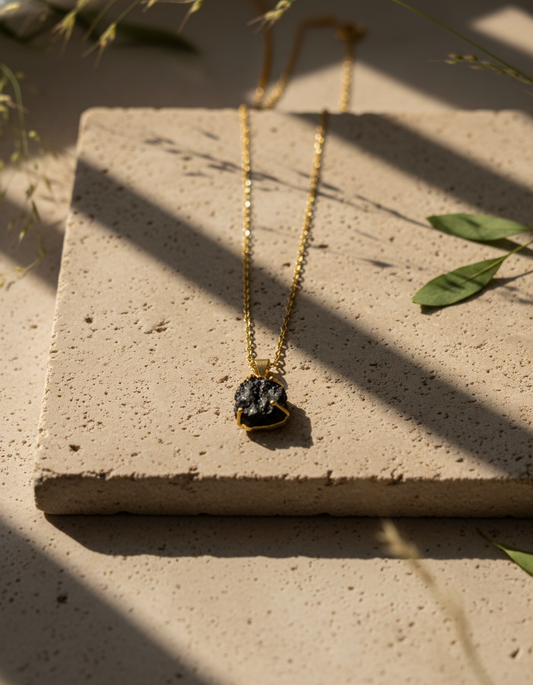 brass necklace - Shyama Raw Stone Pendant Necklace Black Lava Gold Chain Necklace - NIVRTTI handcraf