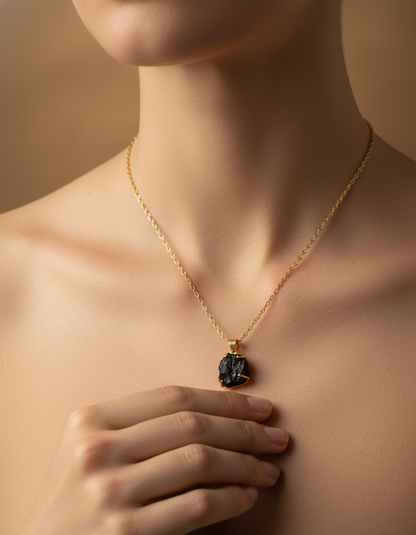 Shyama Raw Stone Pendant Necklace Black Lava Gold Chain Necklace – Brass Necklace | handcrafted necklace | NIVRTTI