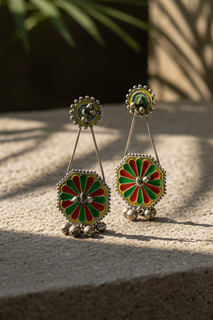Kiyara Enamel Bloom Earrings Handpainted Oxidised Silver Danglers | long drop earrings | NIVRTTI