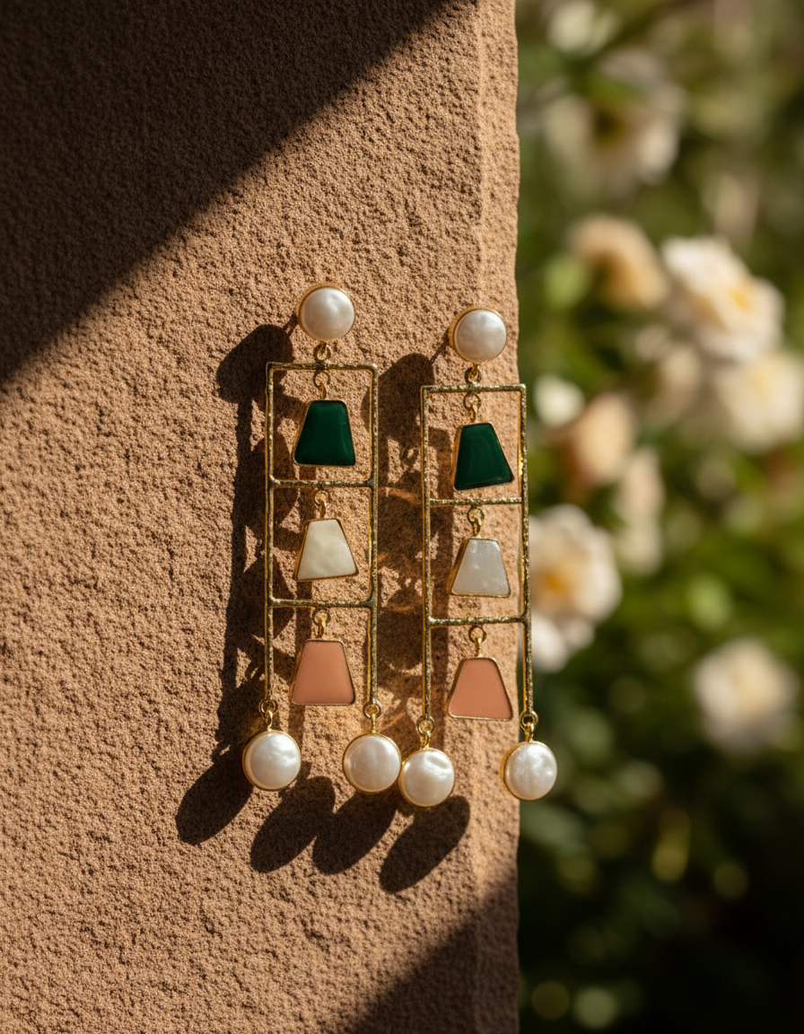 Geometric Ladder Statement Earrings with Natural Stones
