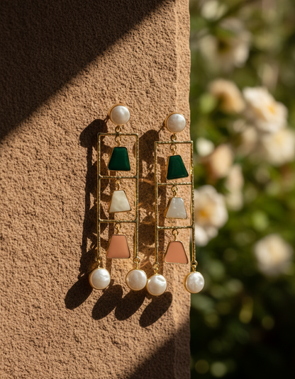 Geometric Ladder Statement Earrings with Natural Stones