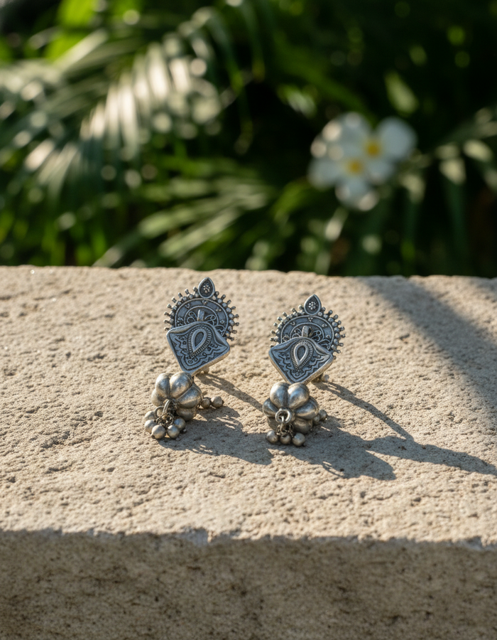 oxidised silver studs - Padma Paisley Studs Oxidised Silver Floral Earrings - NIVRTTI handcrafted je