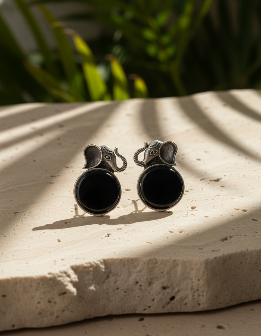 oxidised silver studs - Gajamukta Noir Studs Oxidised Elephant Totem Edition - NIVRTTI handcrafted j