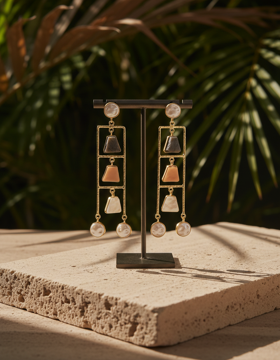 Geometric Ladder Statement Earrings with Natural Stones