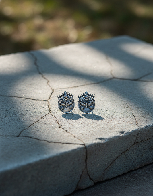Mahika Durga Stud Earrings Oxidised Goddess Face Jewelry | handcrafted stud earrings | NIVRTTI