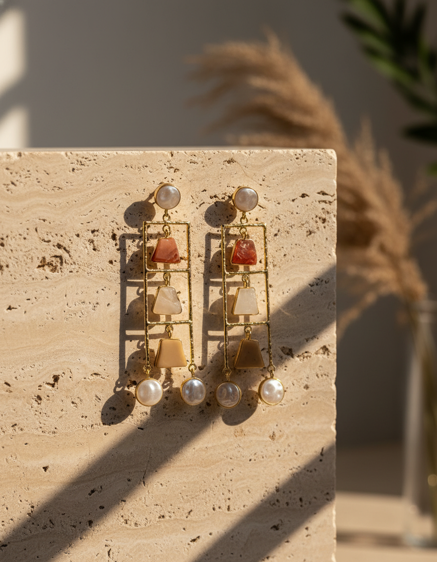 Geometric Ladder Statement Earrings with Natural Stones