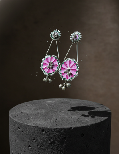 Kiyara Enamel Bloom Earrings Handpainted Oxidised Silver Danglers | long drop earrings | NIVRTTI
