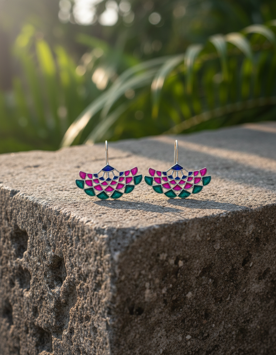 Mayura Mandala Earrings Enamel Oxidised Silver Peacock Drops | long drop earrings | NIVRTTI