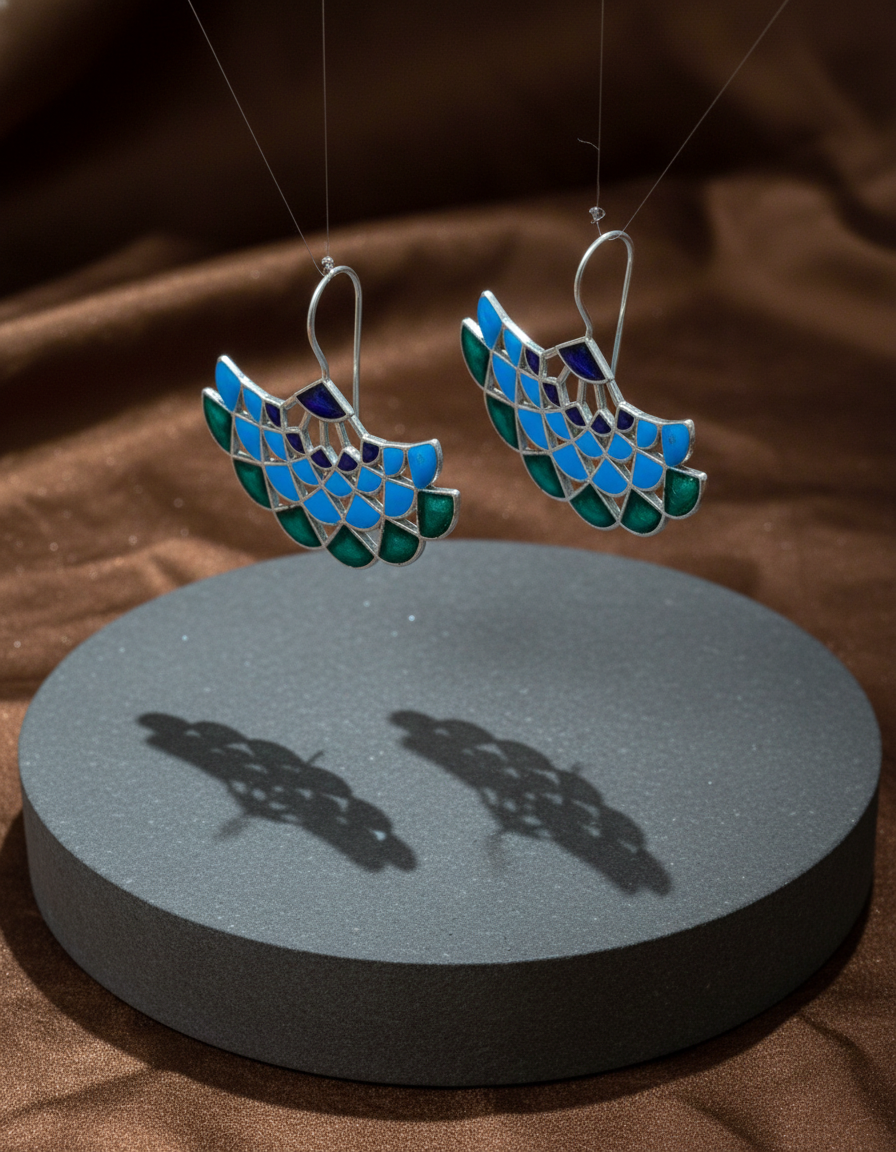 Mayura Mandala Earrings Enamel Oxidised Silver Peacock Drops | long drop earrings | NIVRTTI