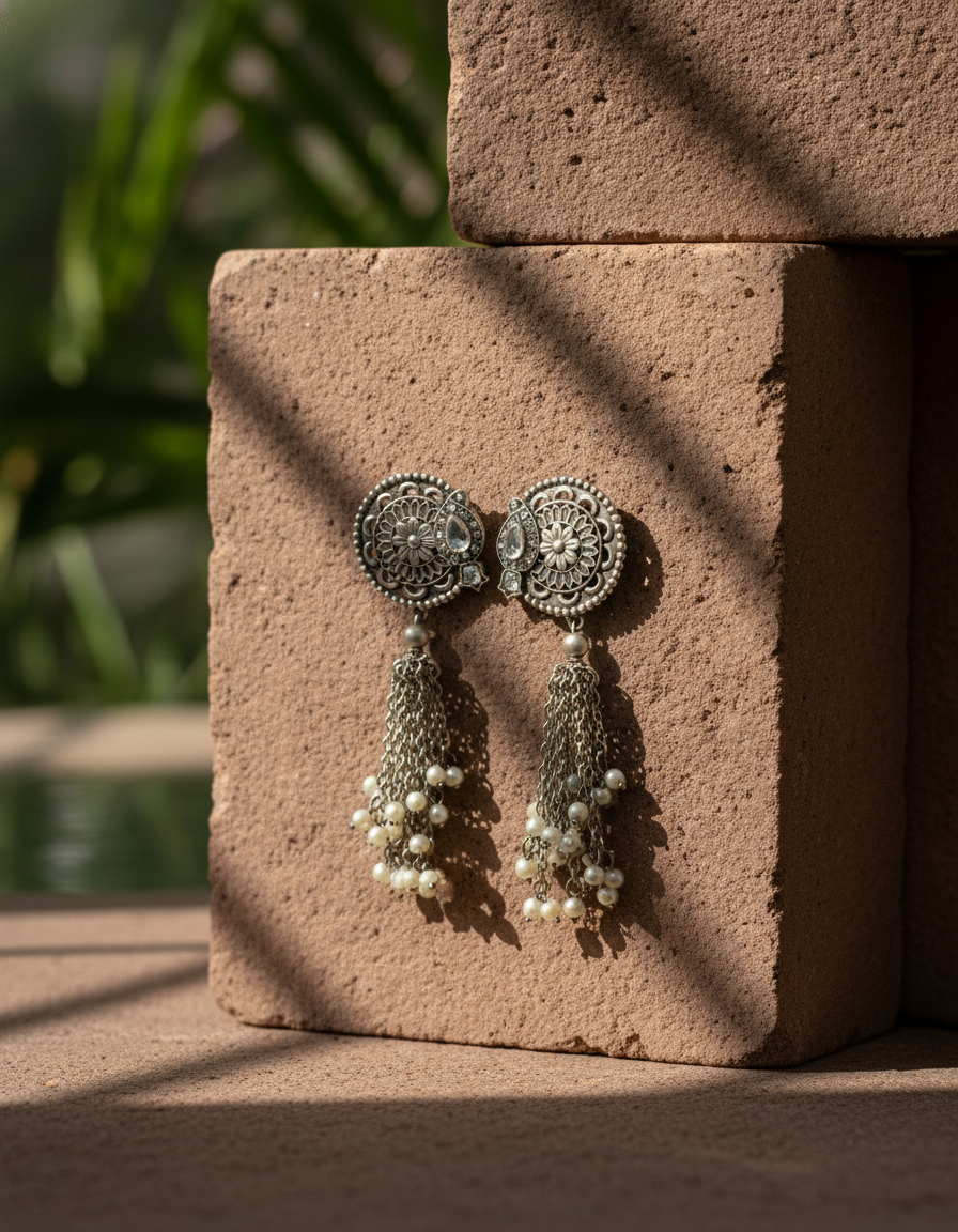 Samira Aqua Tassel Earrings Oxidised Silver Pearl Chain Drops | long drop earrings | NIVRTTI
