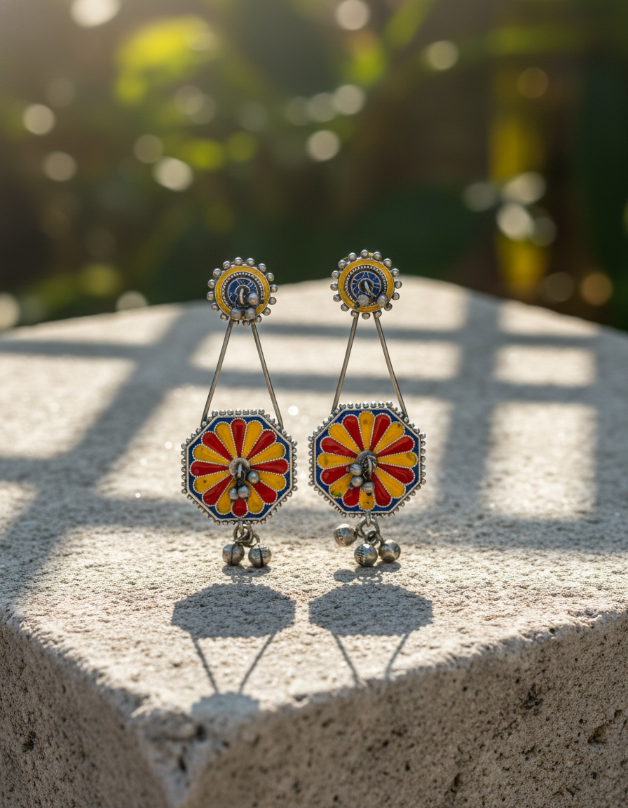 oxidised silver dangler - Kiyara Enamel Bloom Earrings Handpainted Oxidised Silver Danglers - NIVRTT