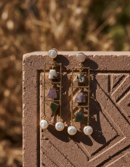 Geometric Ladder Statement Earrings with Natural Stones