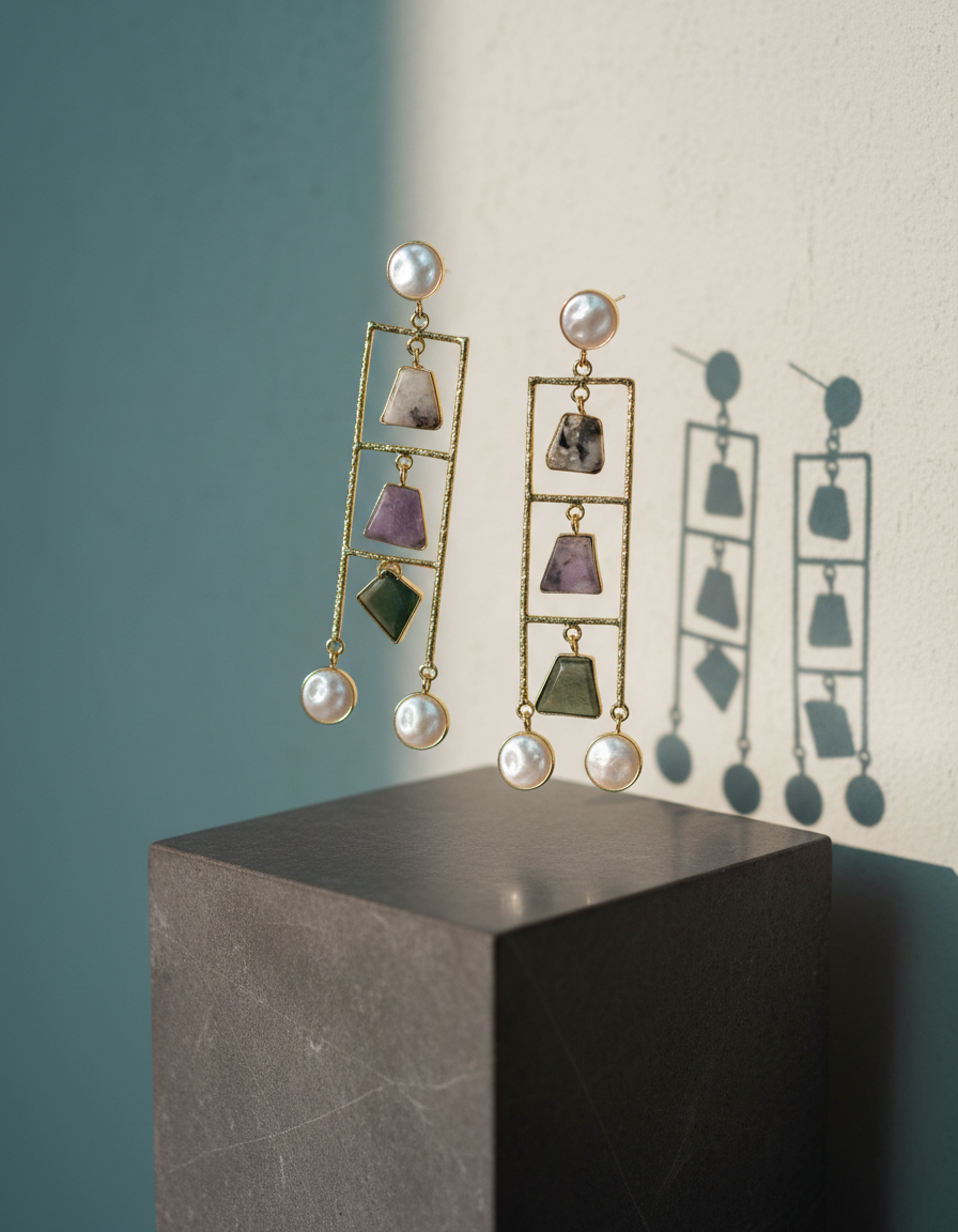 Geometric Ladder Statement Earrings with Natural Stones