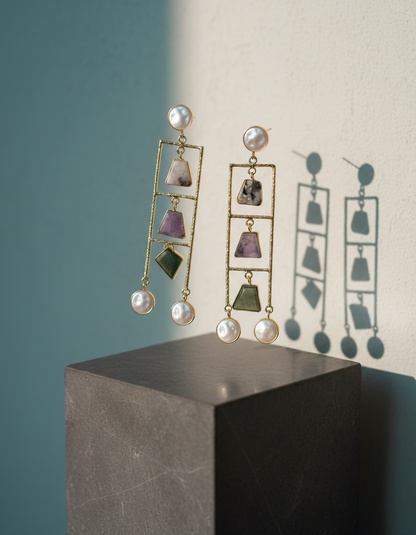 Geometric Ladder Statement Earrings with Natural Stones