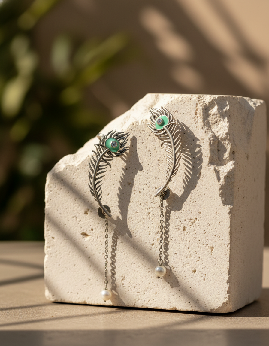 oxidised silver dangler - Nayan Feather Drop Earrings Krishna Oxidised Silver Dangler - NIVRTTI hand