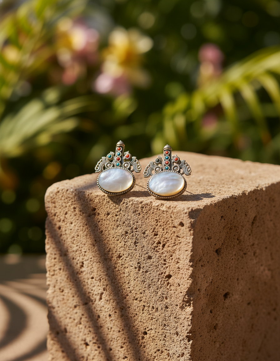 handcrafted studs - Shubhra Mini Studs Shell & Fire Collection - NIVRTTI handcrafted jewelry